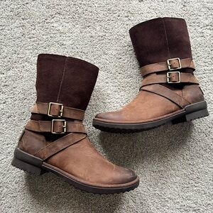 UGG Lorna Women’s 7.5 Brown Leather Waterproof Mid Calf Boots Buckle Strap Moto